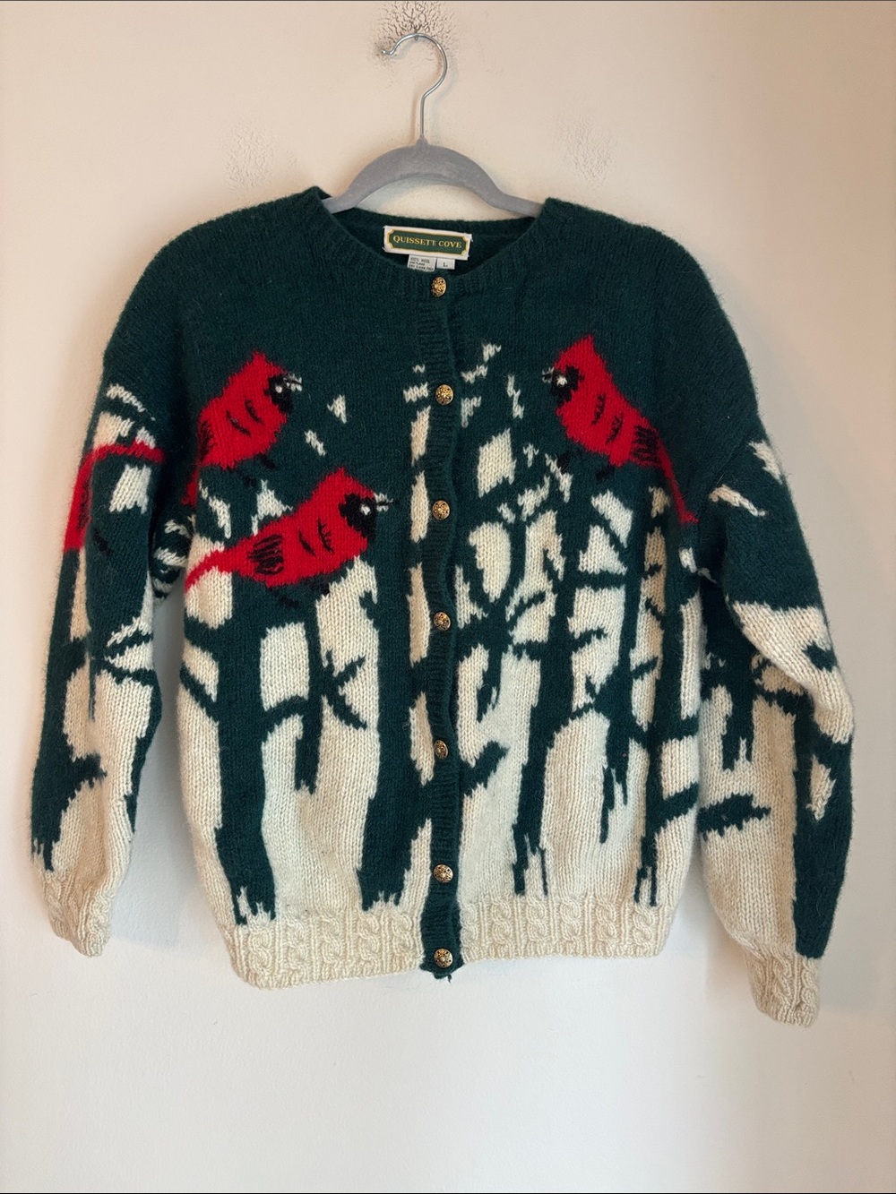 Quissett Cove vintage 100% Shetland wool  bird cardinal cardigan women’s Large